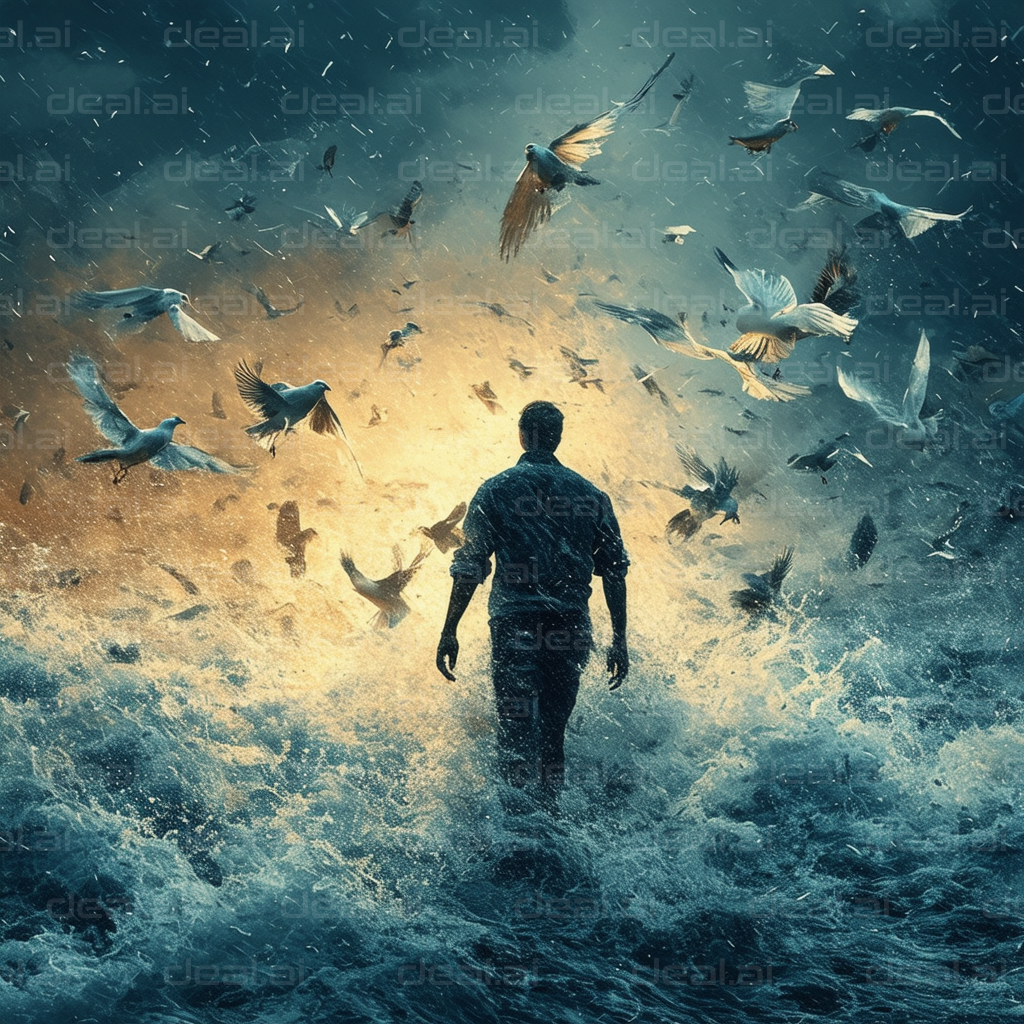 Man Walking into a Storm of Birds