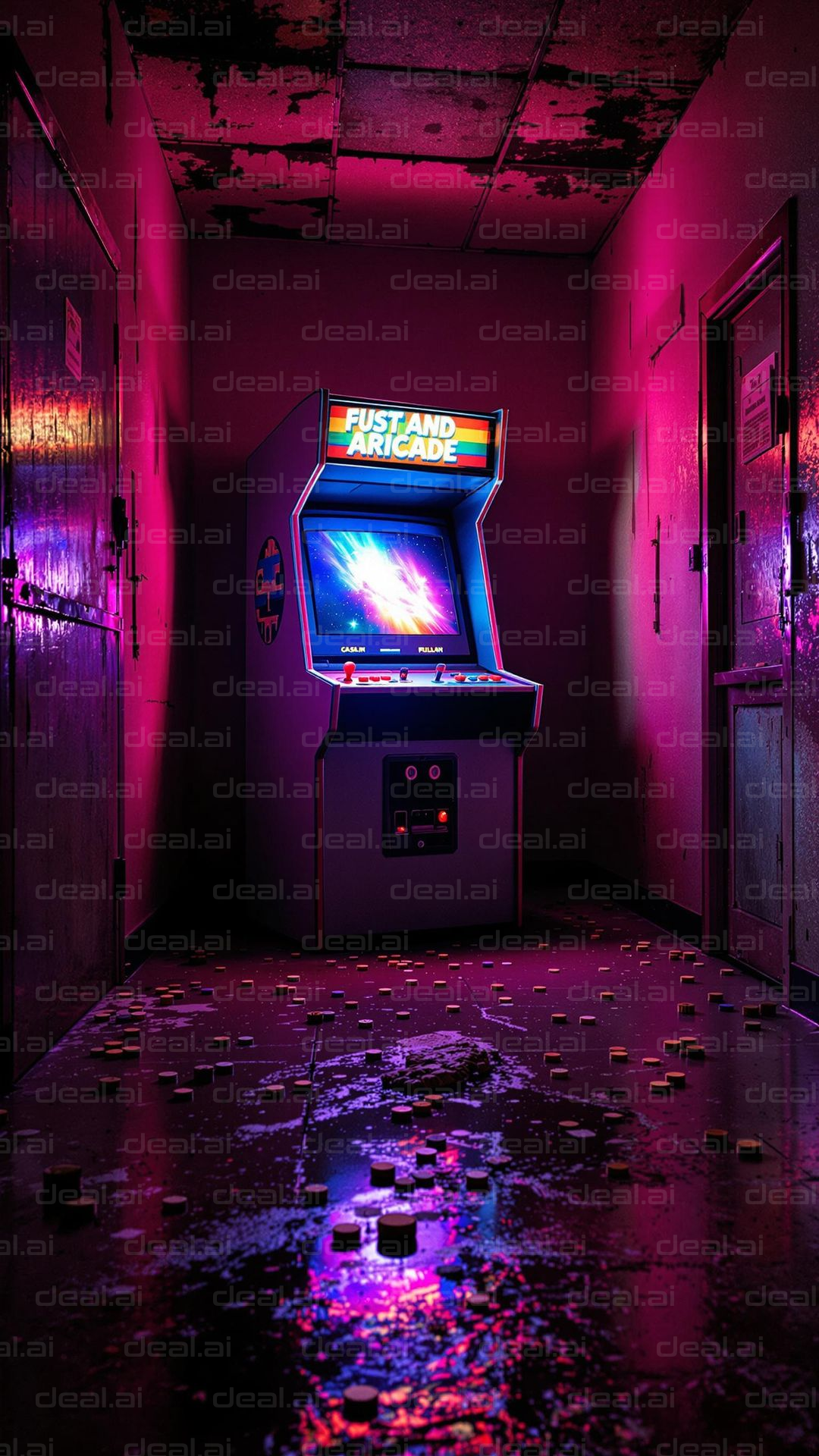 Neon Arcade Glow in a Dusty Hallway