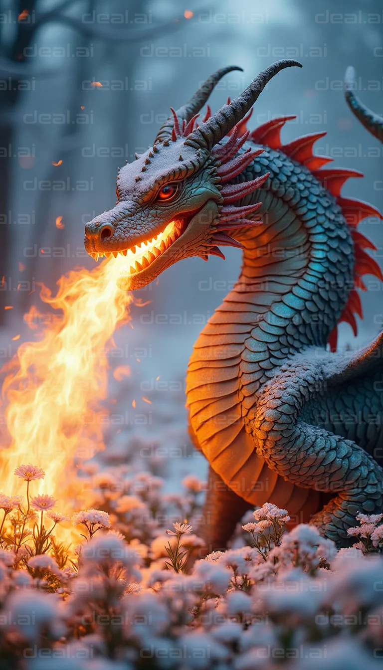 "Fire-Breathing Dragon in Snowy Forest"