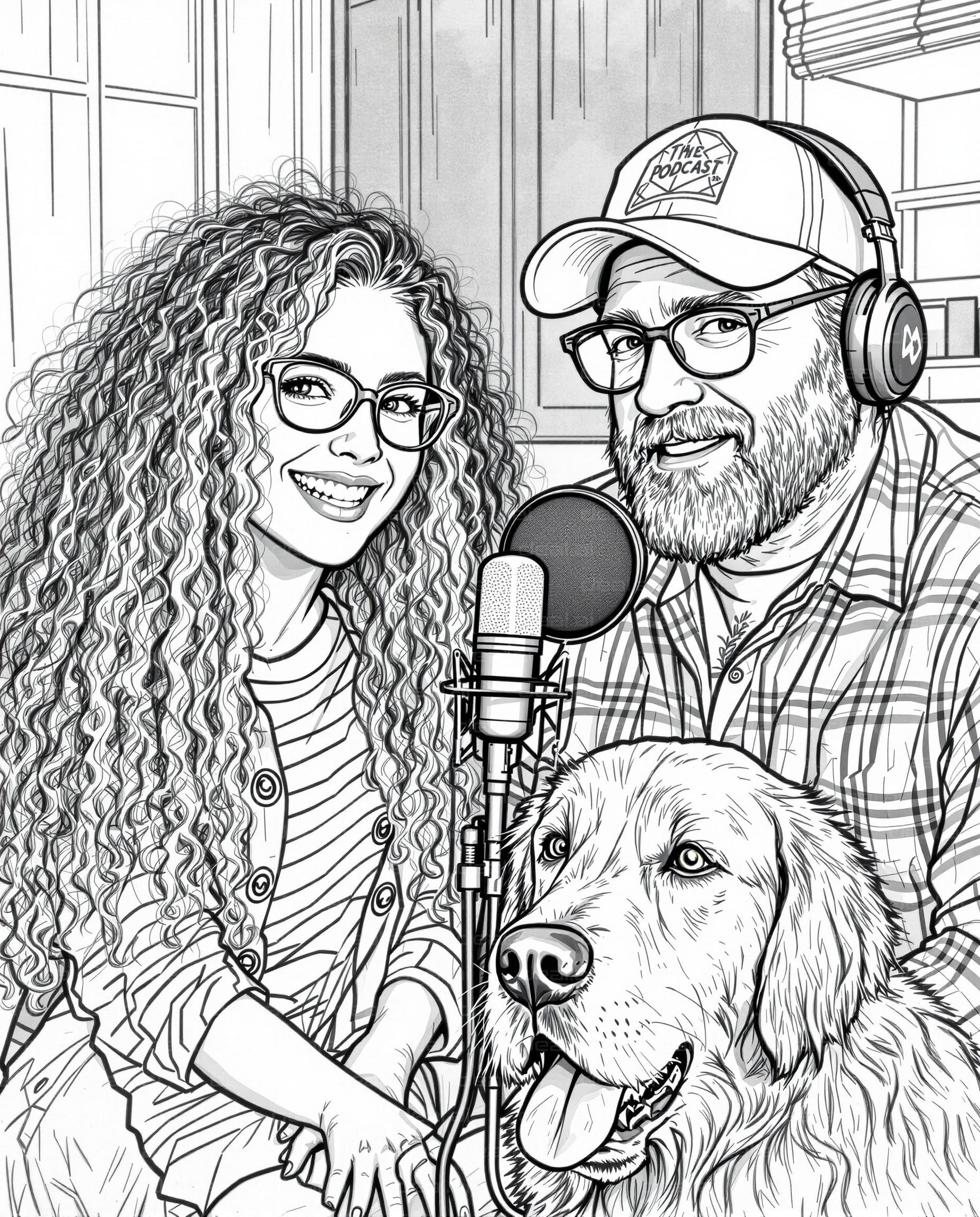 Podcast Duo with Their Furry Friend