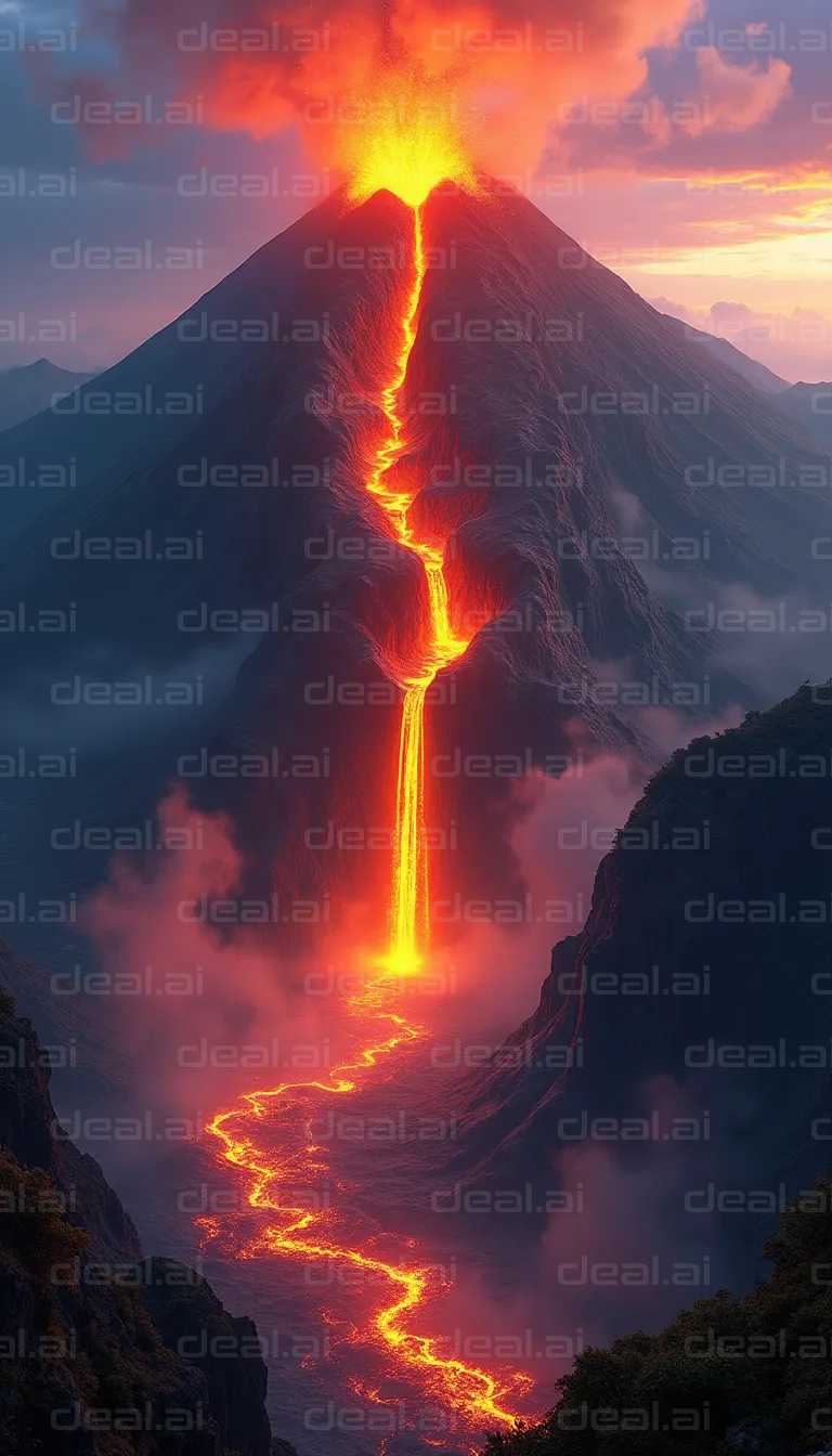Erupting Volcano with Flowing Lava Stream