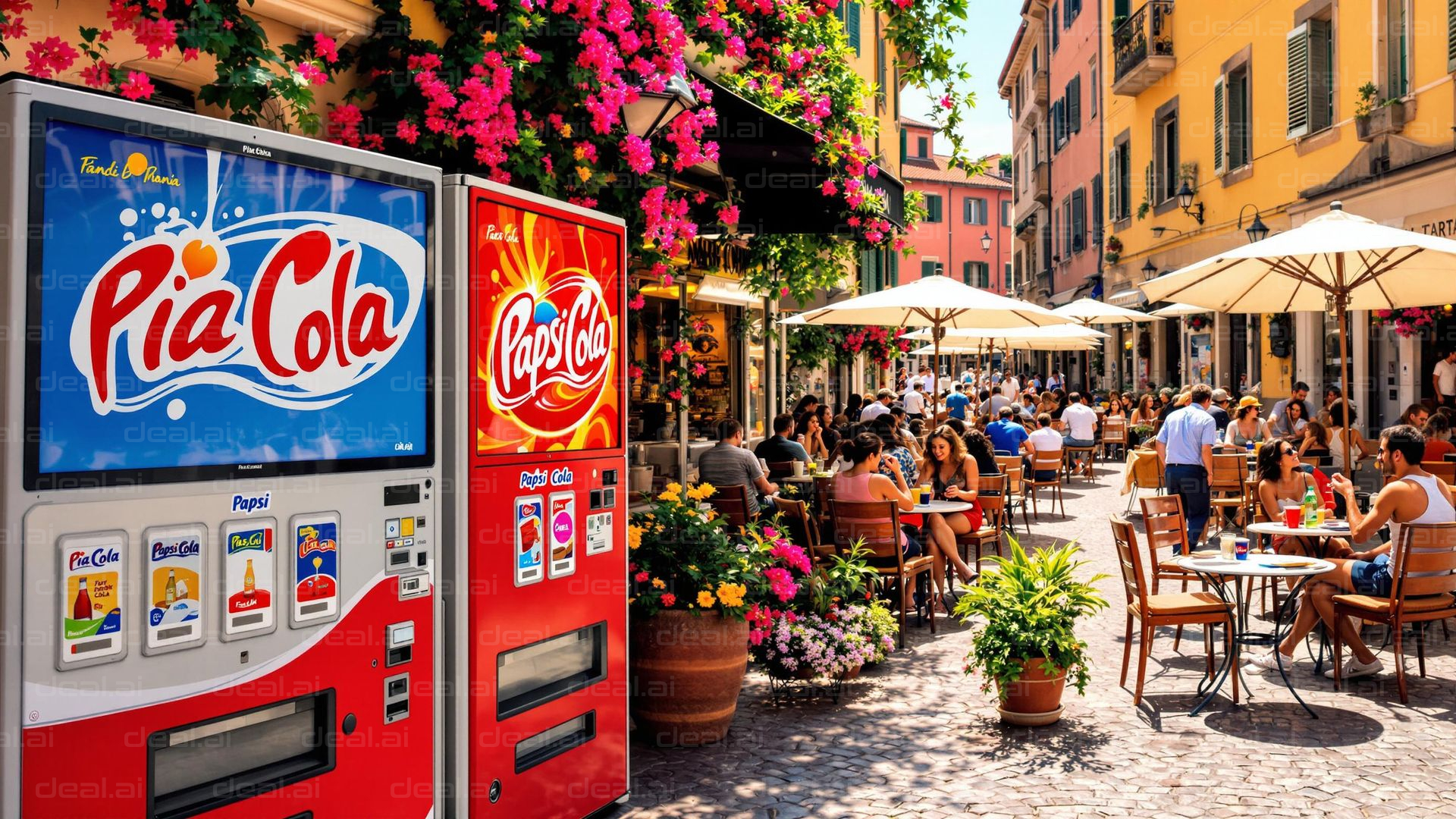 "Colorful Café Scene with Drink Machines"