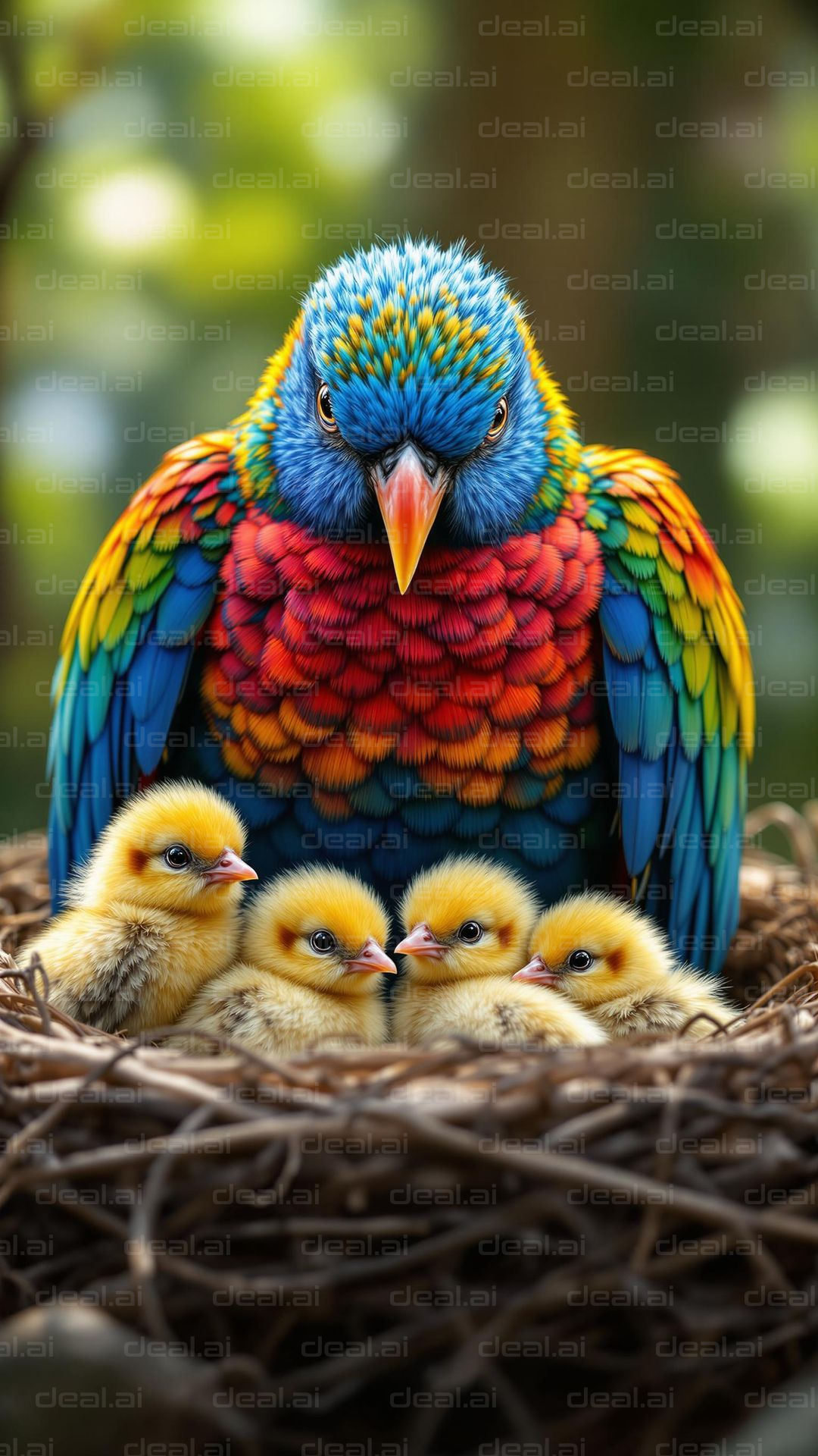 Colorful Bird Family in Nest