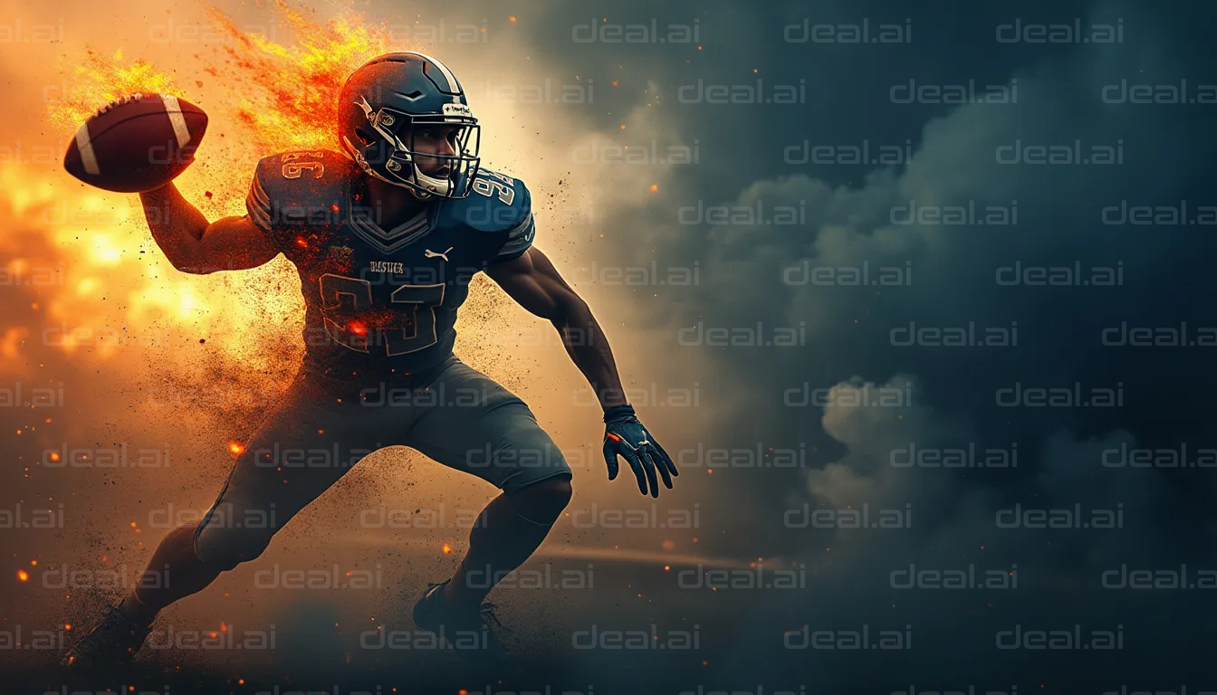 "Football Player Amid Explosive Flames"
