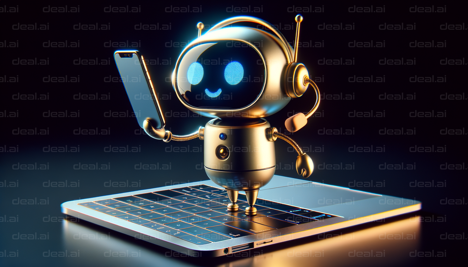 Cute Robot on Laptop Holding a Smartphone