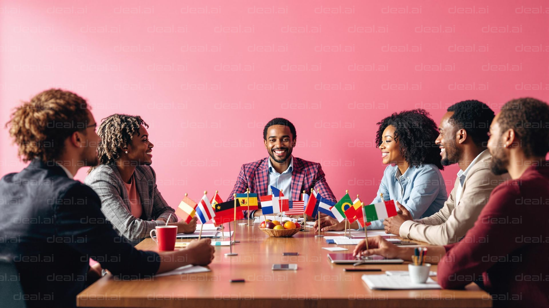 "Diverse Team Meeting with Flags"
