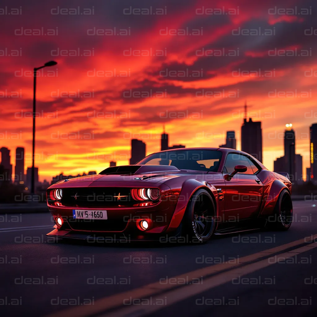 Red Car at Sunset Skyline