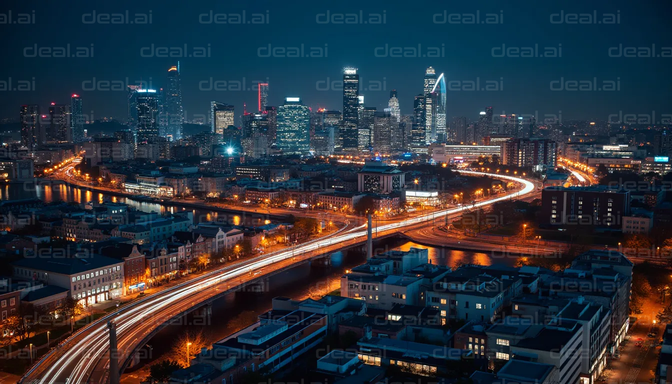 "Cityscape at Night with Glowing Lights"