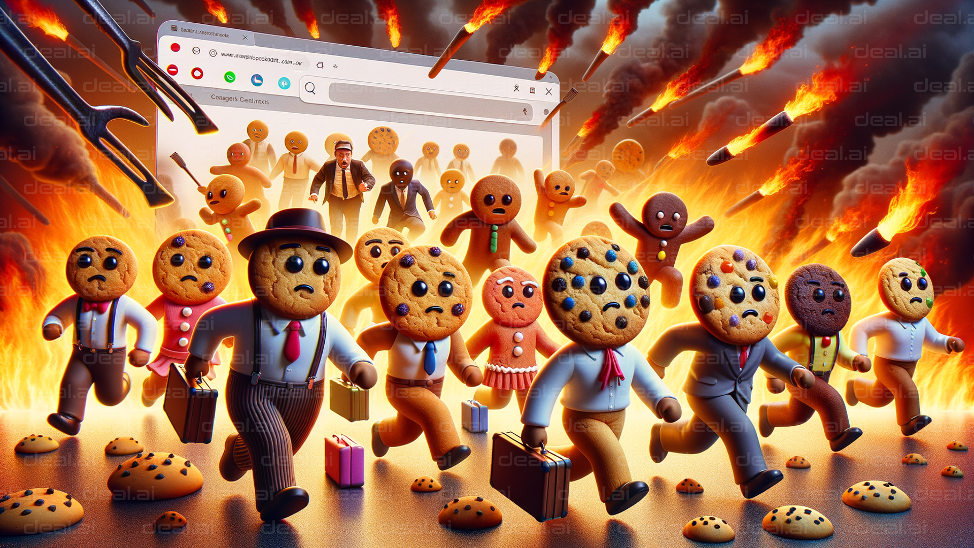 Cookie Characters Fleeing Fiery Chaos