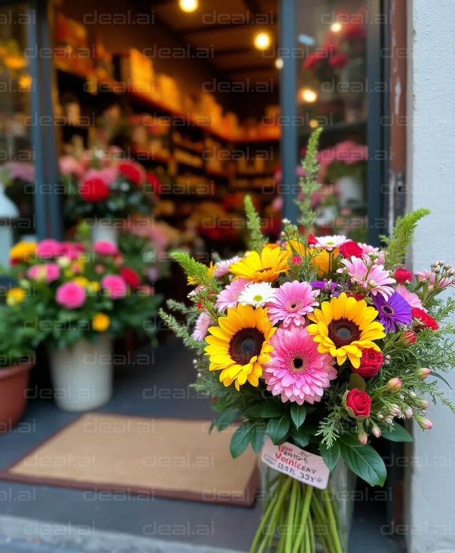 "Vibrant Flower Arrangement at Shop Entrance"