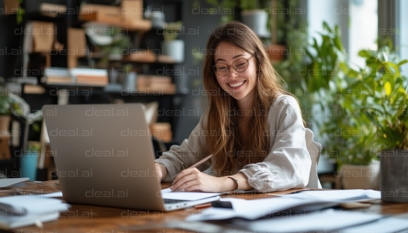 "Smiling Woman Working From Home Office"