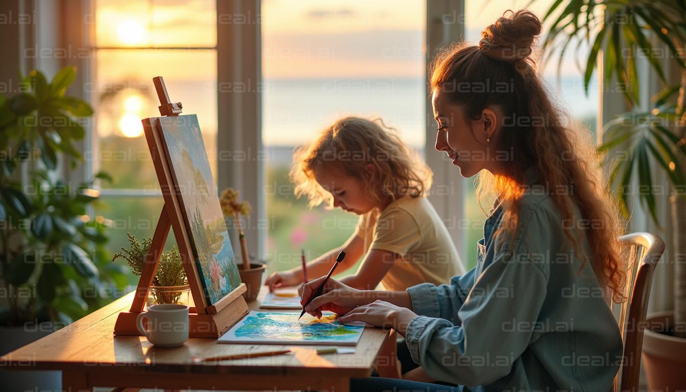 Mother and Daughter Painting Together