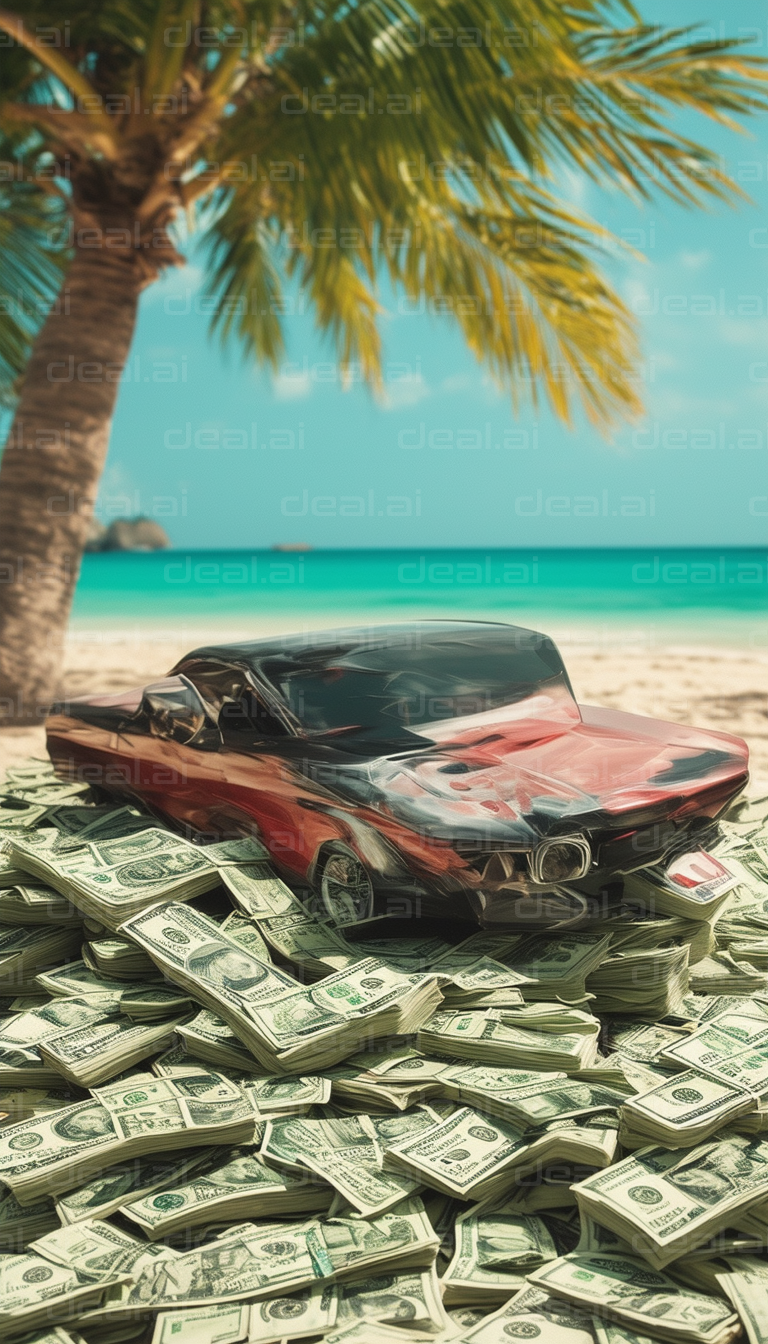 Luxury Car on a Pile of Cash by the Beach