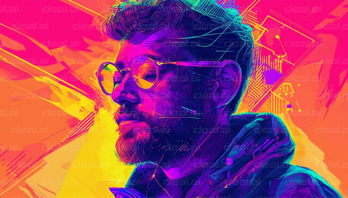 Neon Portrait of a Bearded Man