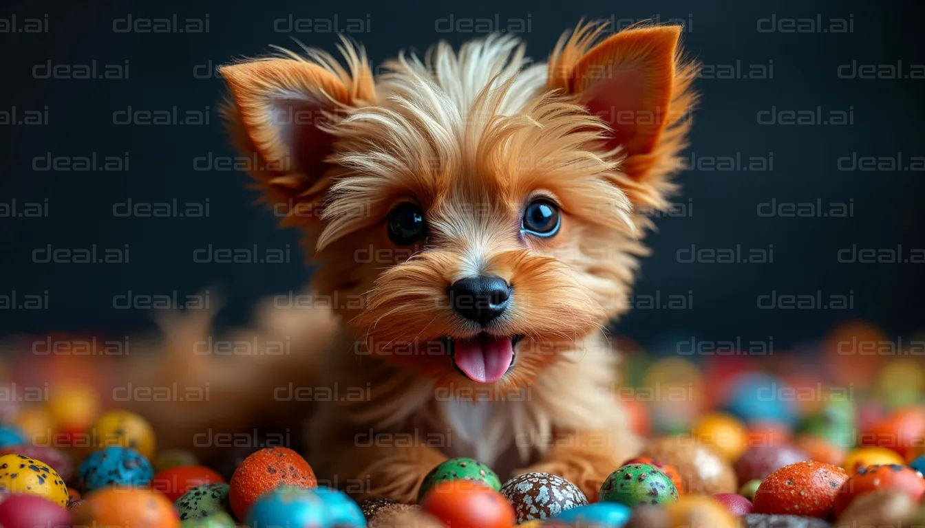 "Puppy Surrounded by Colorful Eggs"