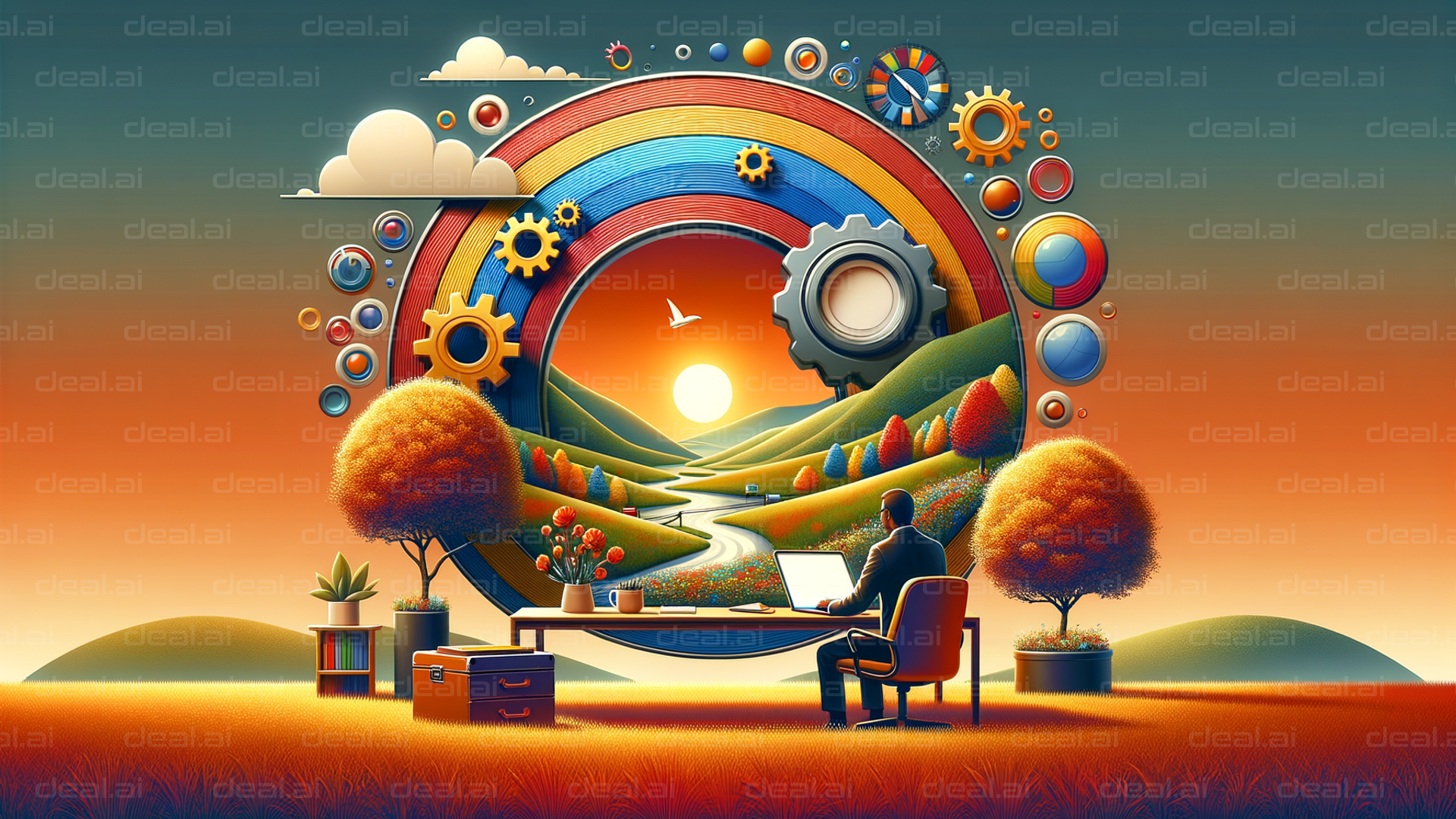 "Surreal Office Oasis at Sunset"