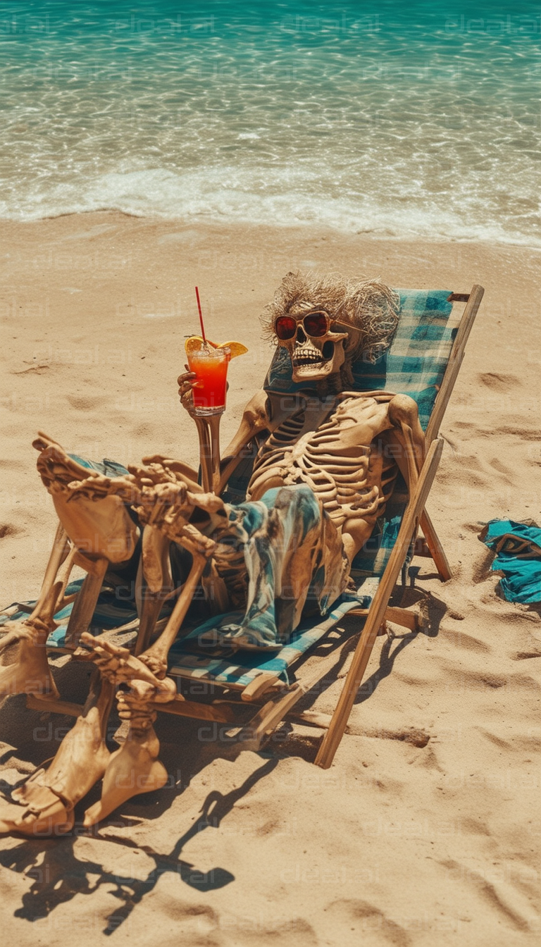 "Skeleton Sunbathing with a Cocktail"