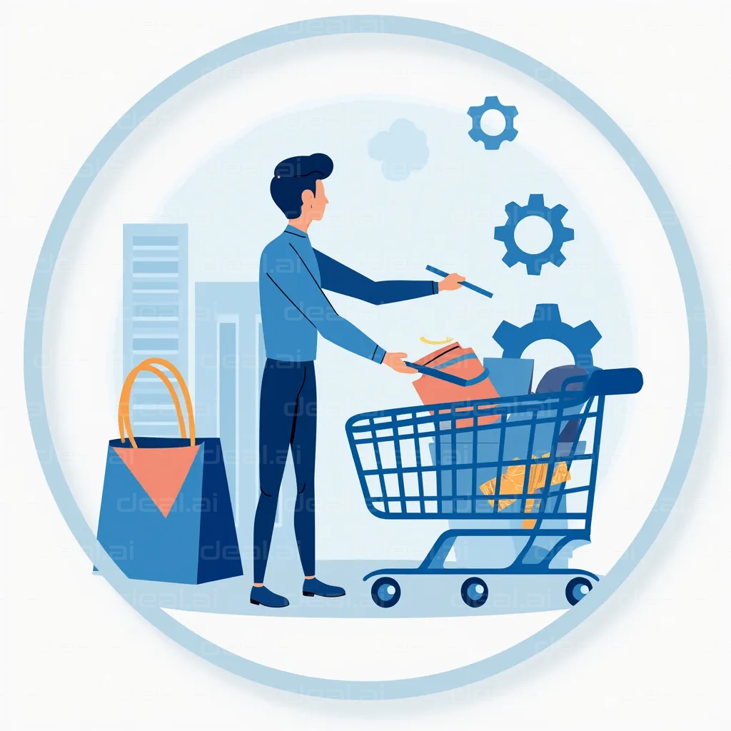 "Smart Shopping: Man with Cart and Gear"