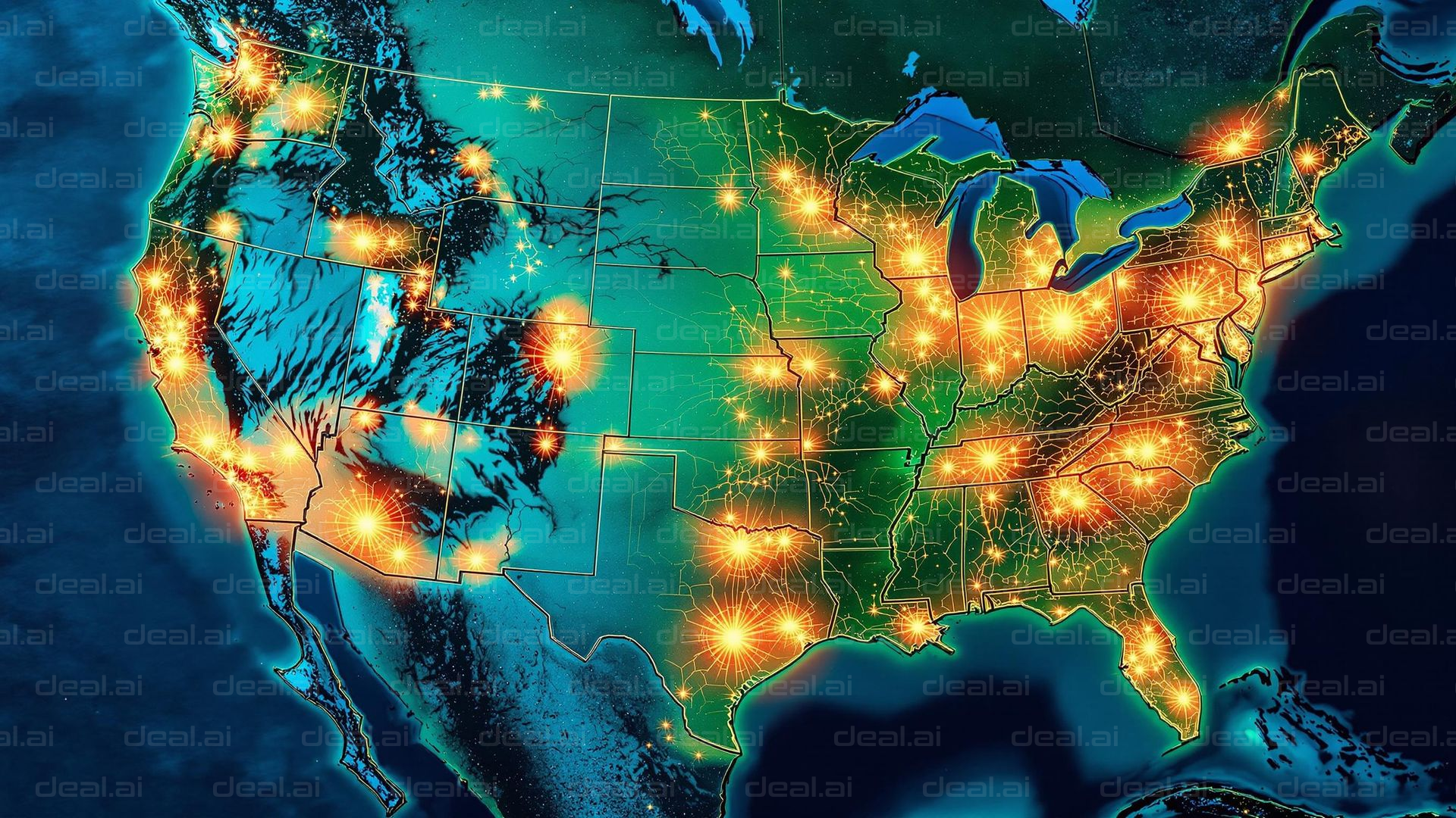 Glowing USA Map at Night