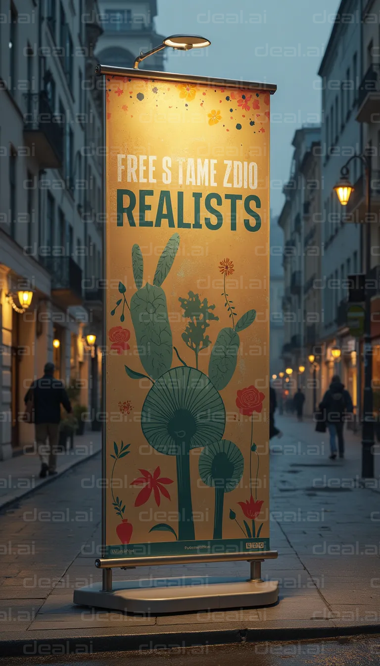 Evening Street Billboard with Floral Design