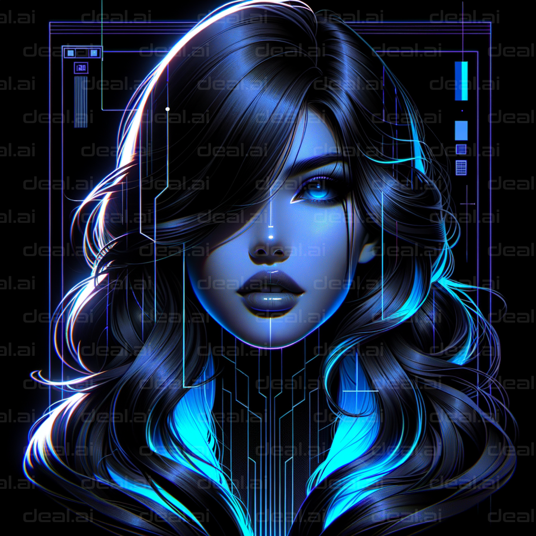 "Futuristic AI Woman in Neon Blue"