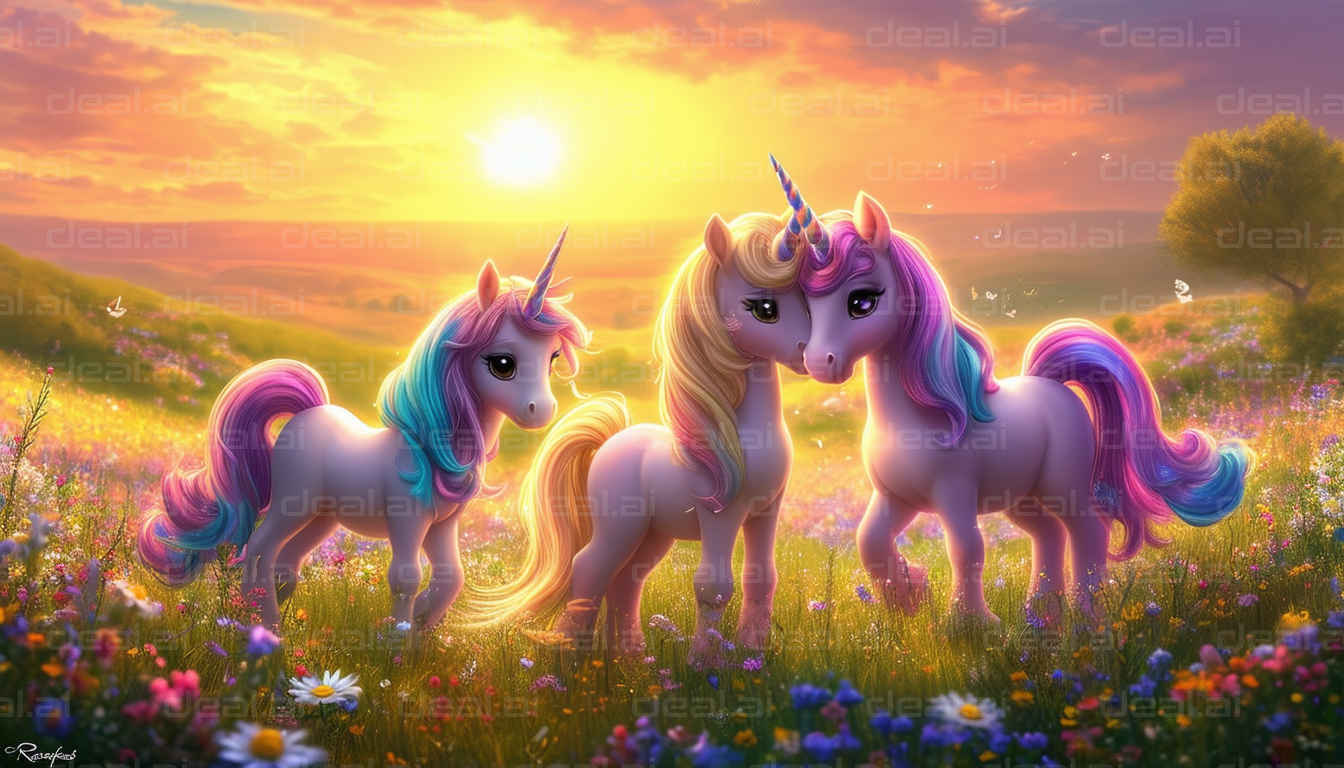 "Unicorns in a Sunset Meadow"