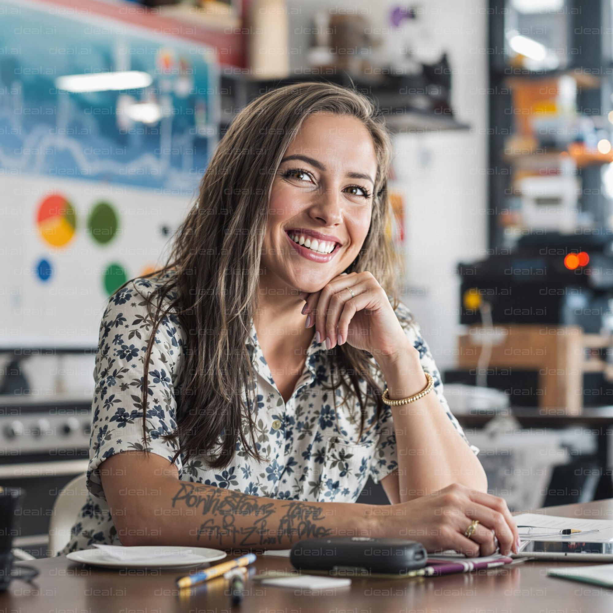 Smiling Woman in Creative Workspace