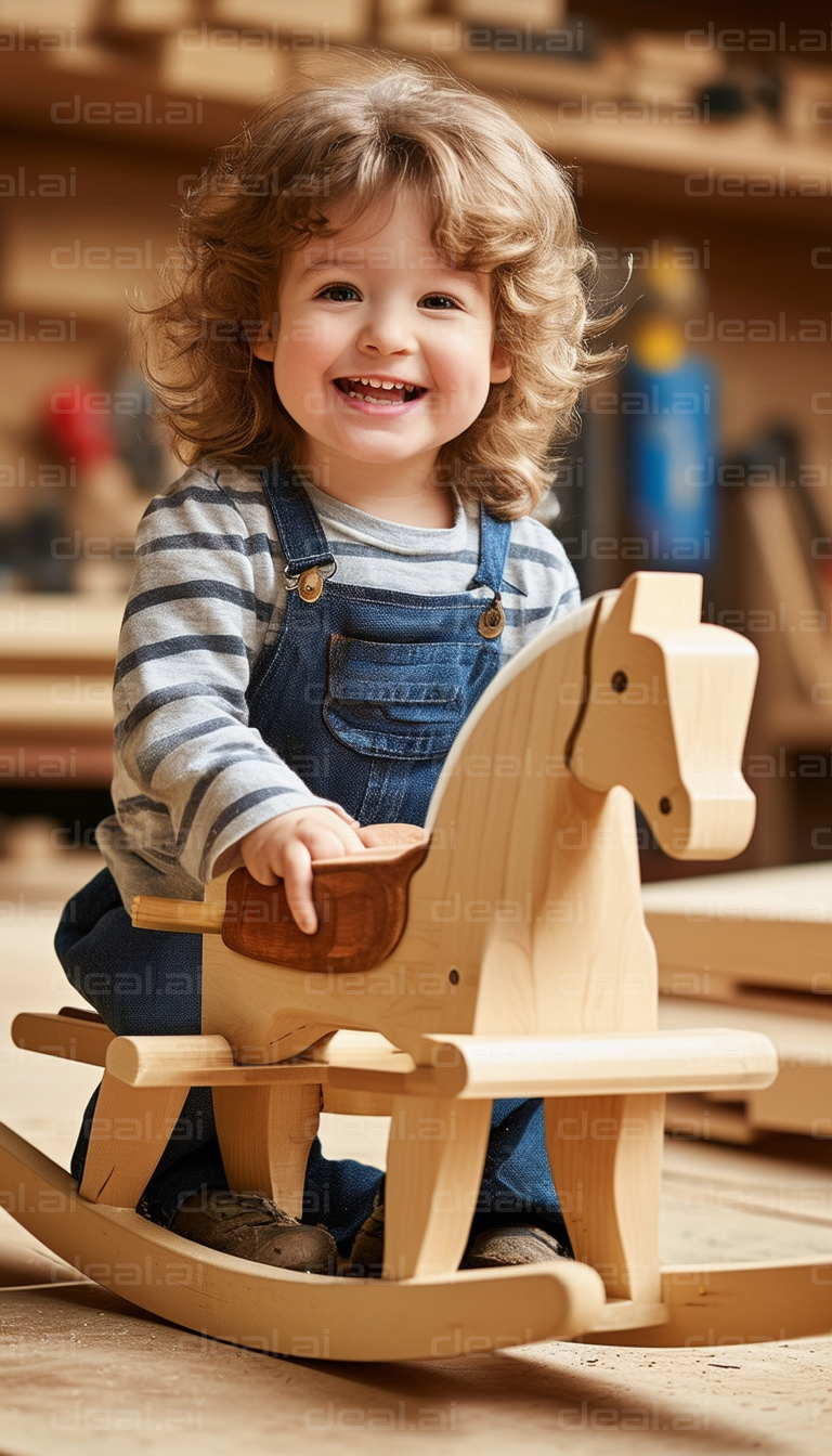 Happy Child on a Wooden Rocking Horse