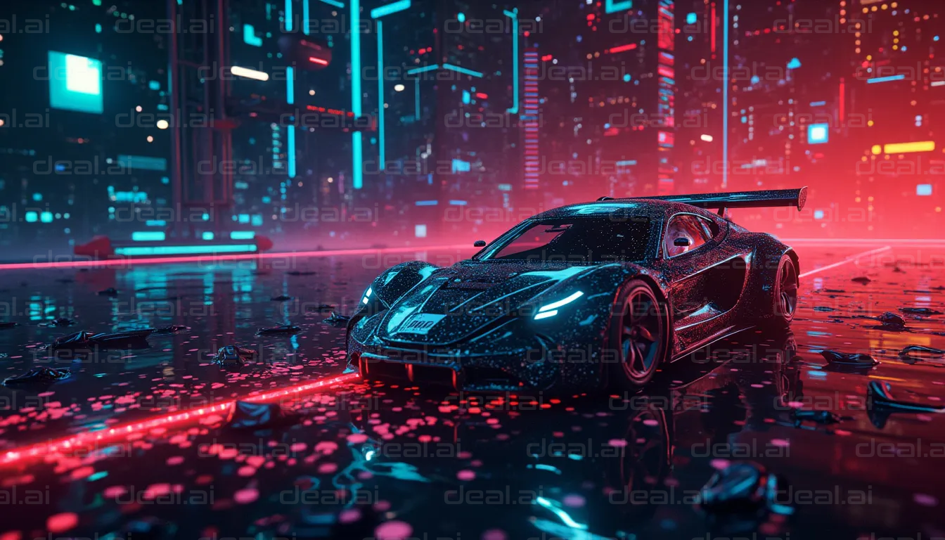 "Cybernetic Supercar in Neon Cityscape"