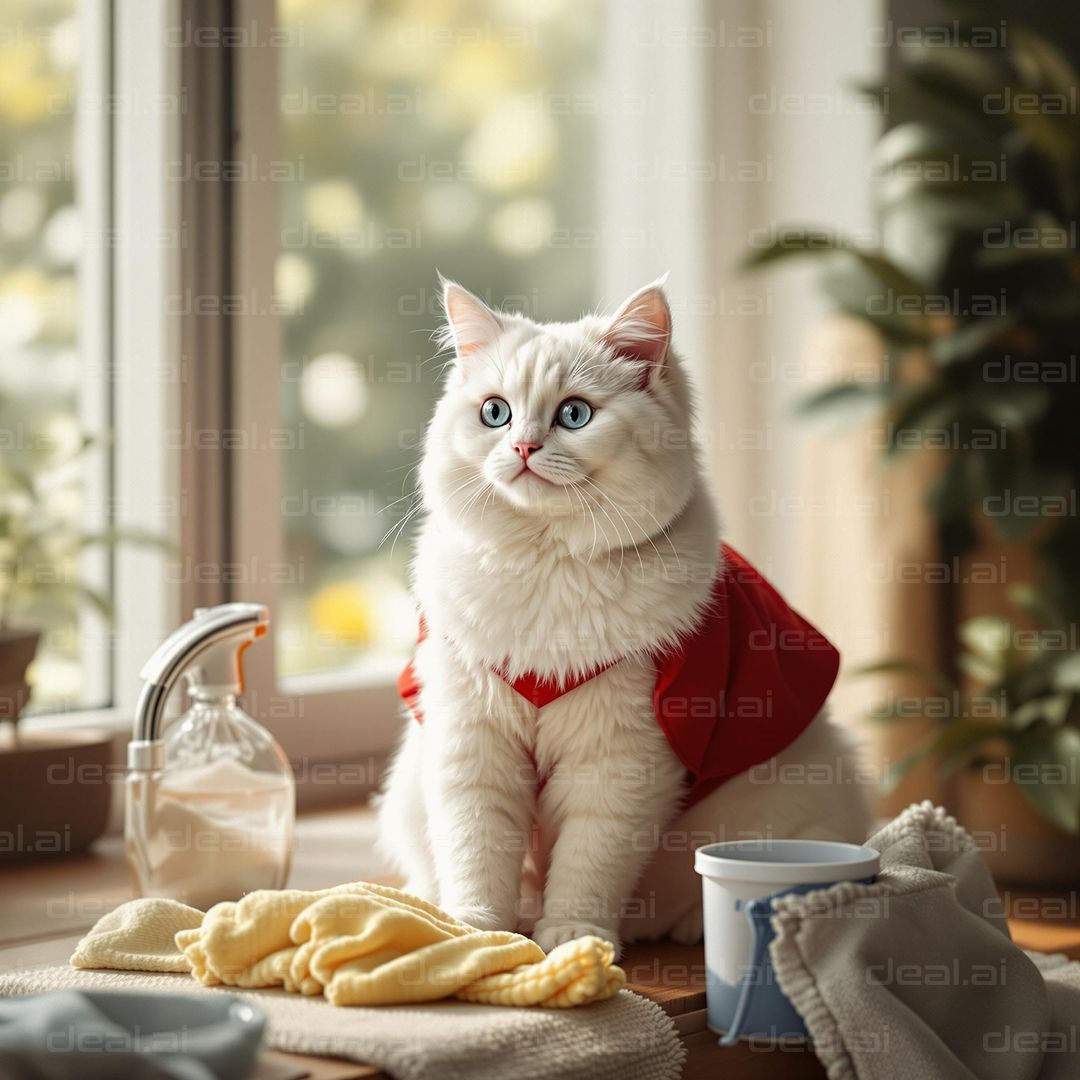 "Fluffy Cat in Kitchen Helper Mode"