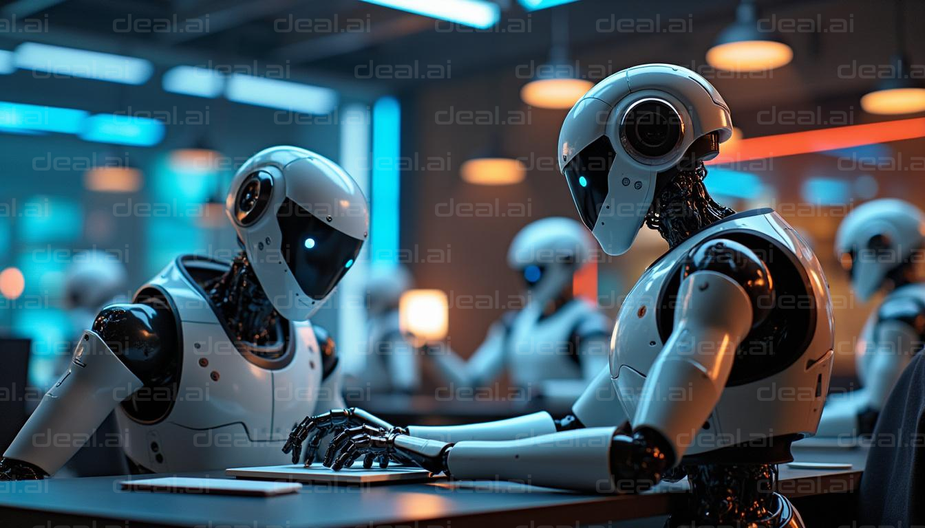 "Robots Collaborating in Futuristic Office"