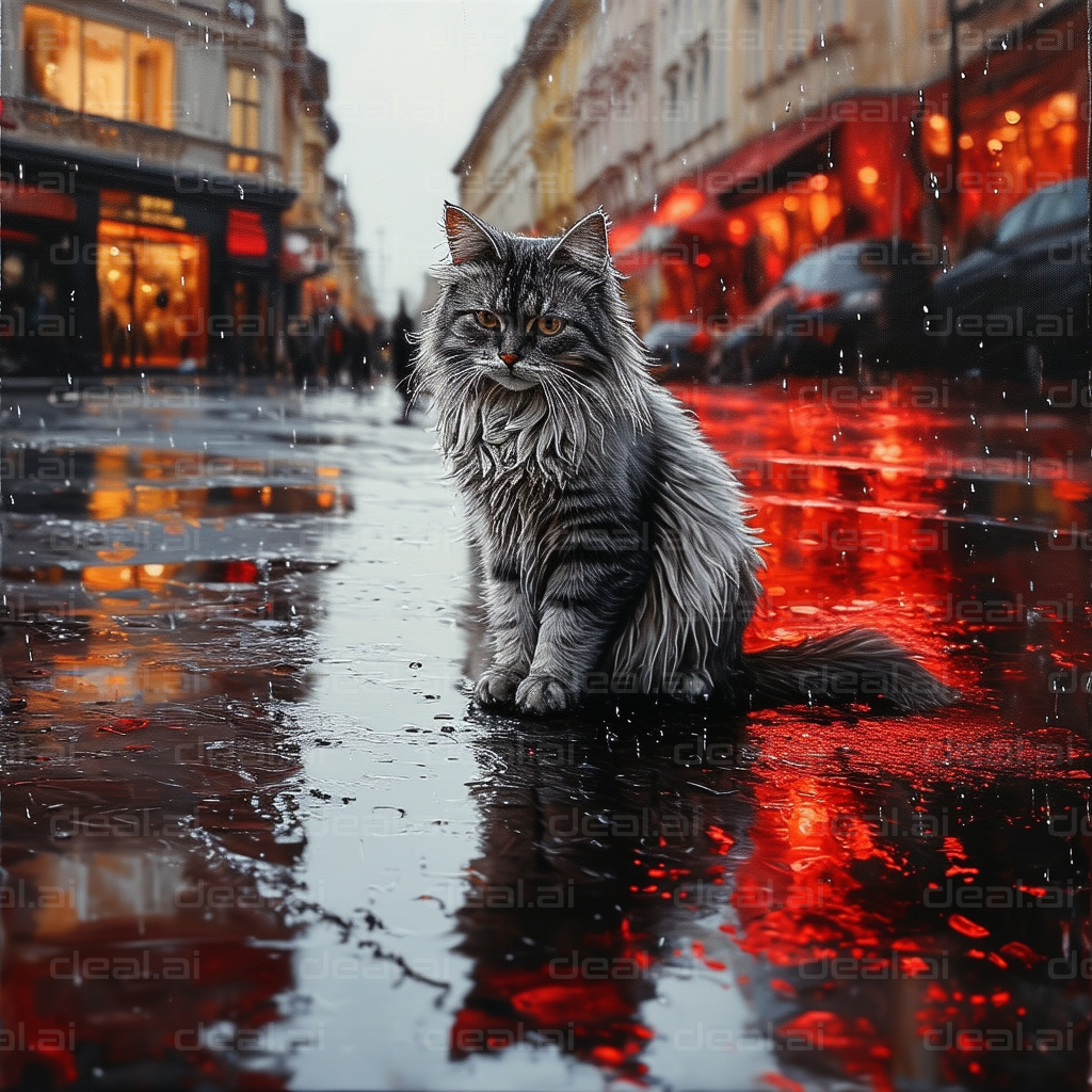 "Cat in Rainy City Night"