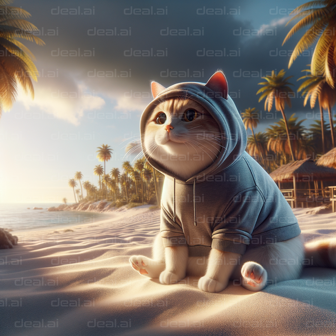 Hoodie Cat on Tropical Beach