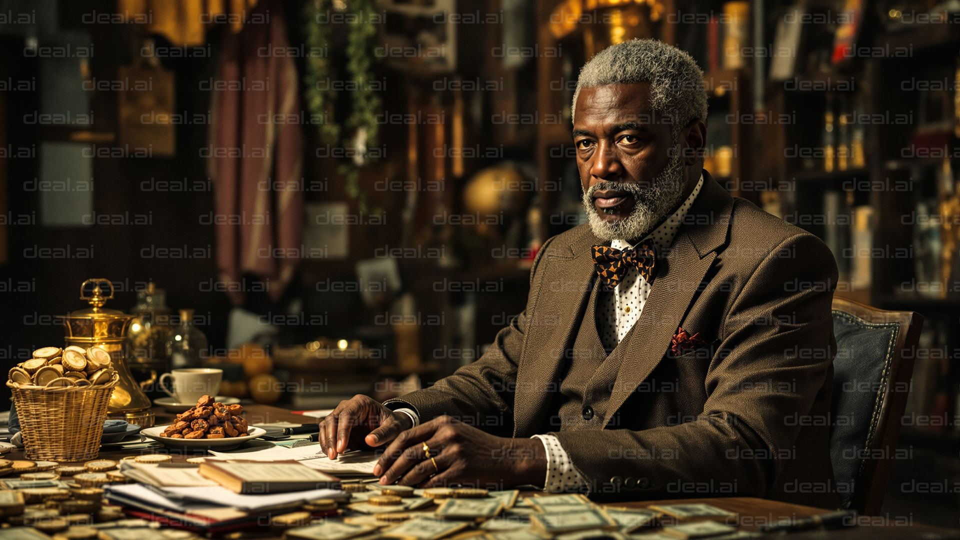 "Man with Wealth in a Cozy Study"