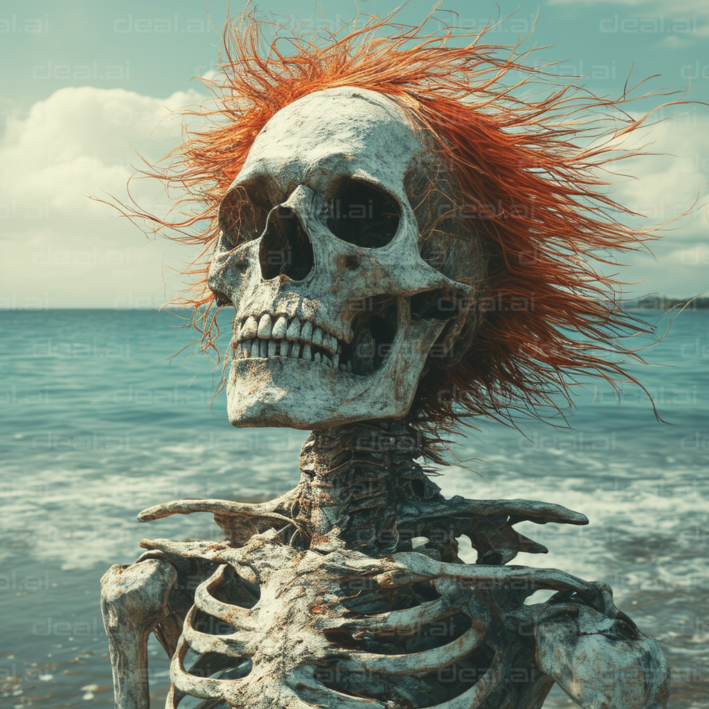 "Skeleton with Red Hair by the Shore"