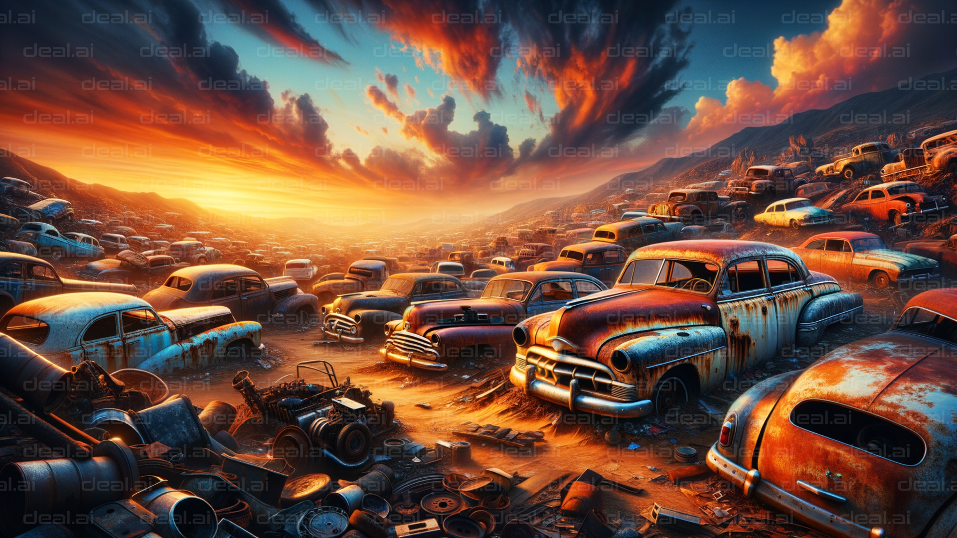 Sunset Over a Vintage Car Graveyard