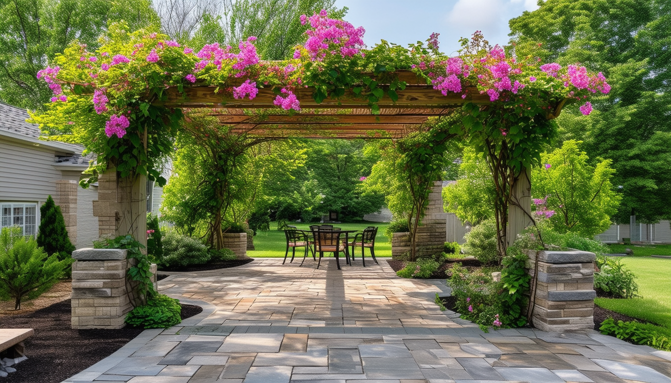 Peaceful Garden Patio with Flowering Pergola