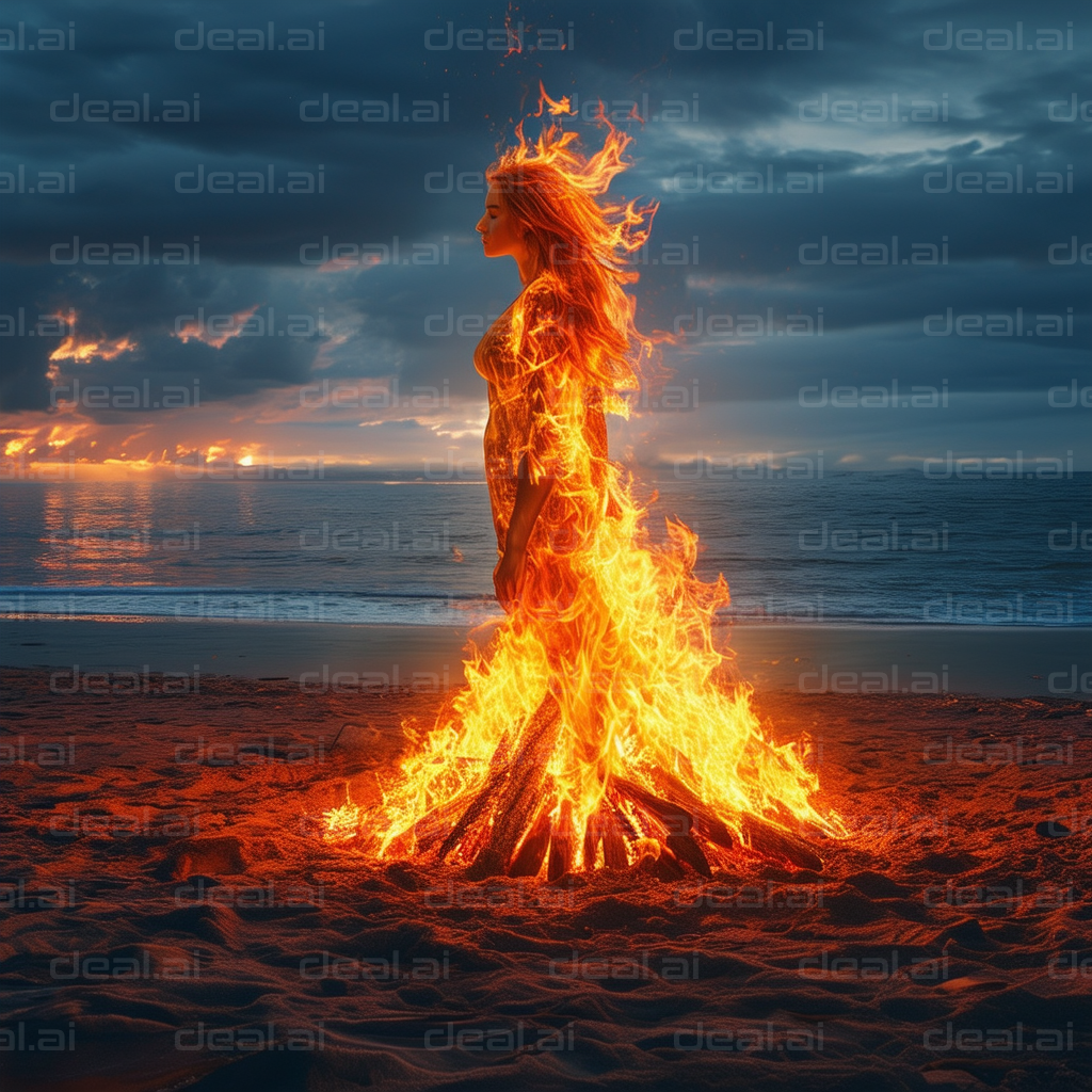 "Burning Figure on Beach at Sunset"