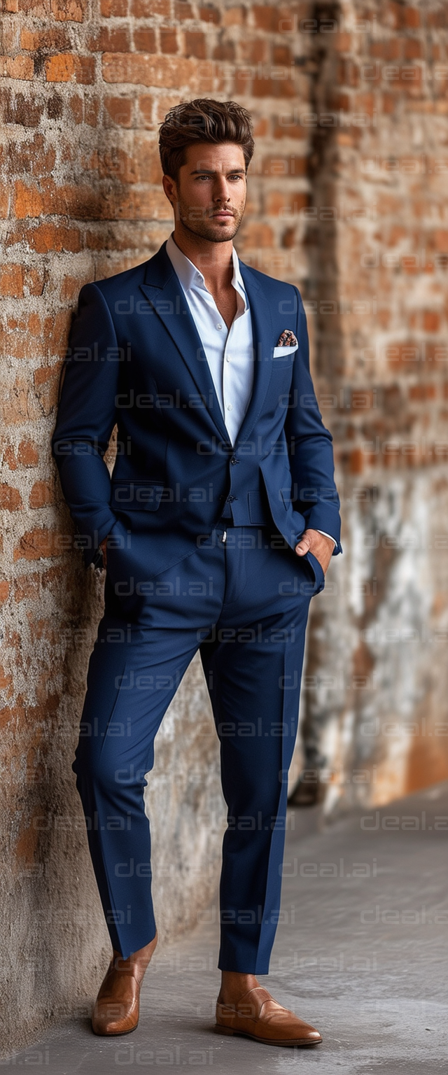 Stylish Man in Blue Suit by Brick Wall