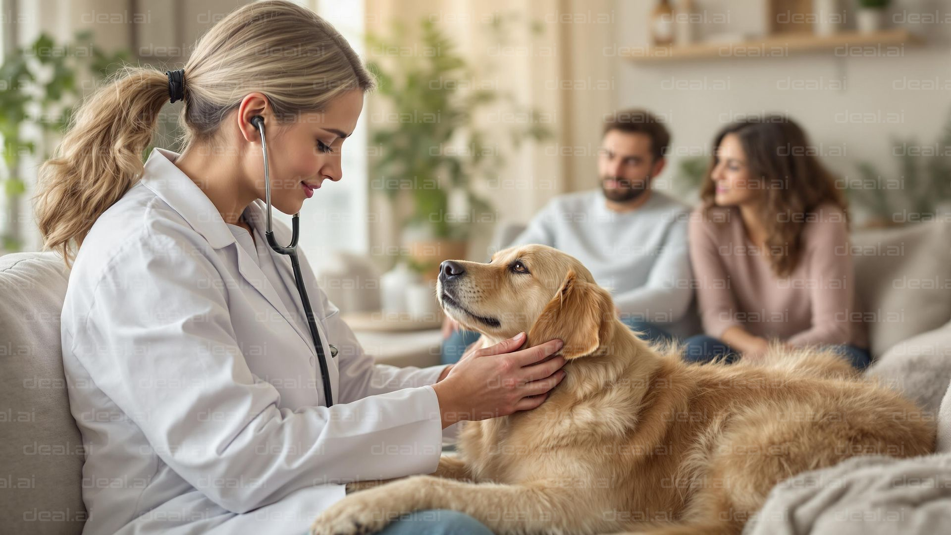 "Vet Caring for Golden Retriever at Home"