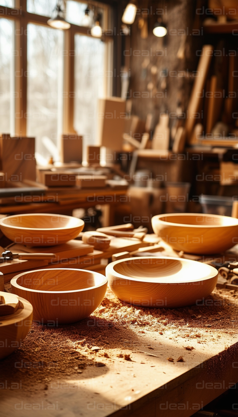 Wooden Bowls in a Sunlit Workshop