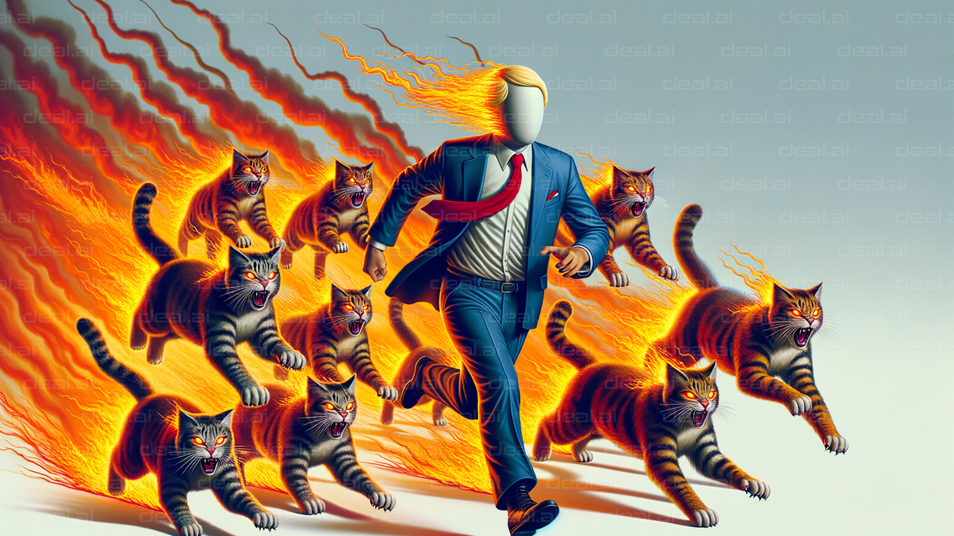 "Man Running with Fiery Cats"