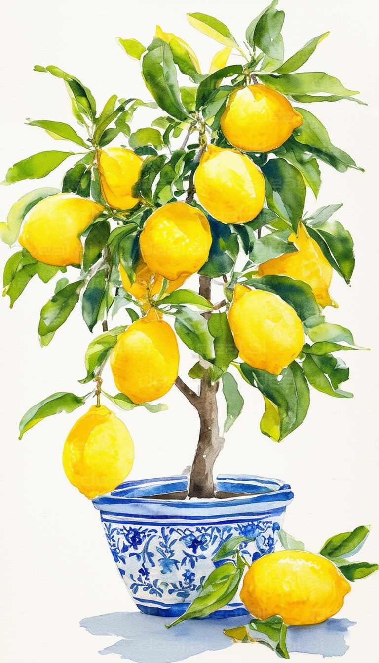 "Vibrant Lemon Tree in Decorated Pot"