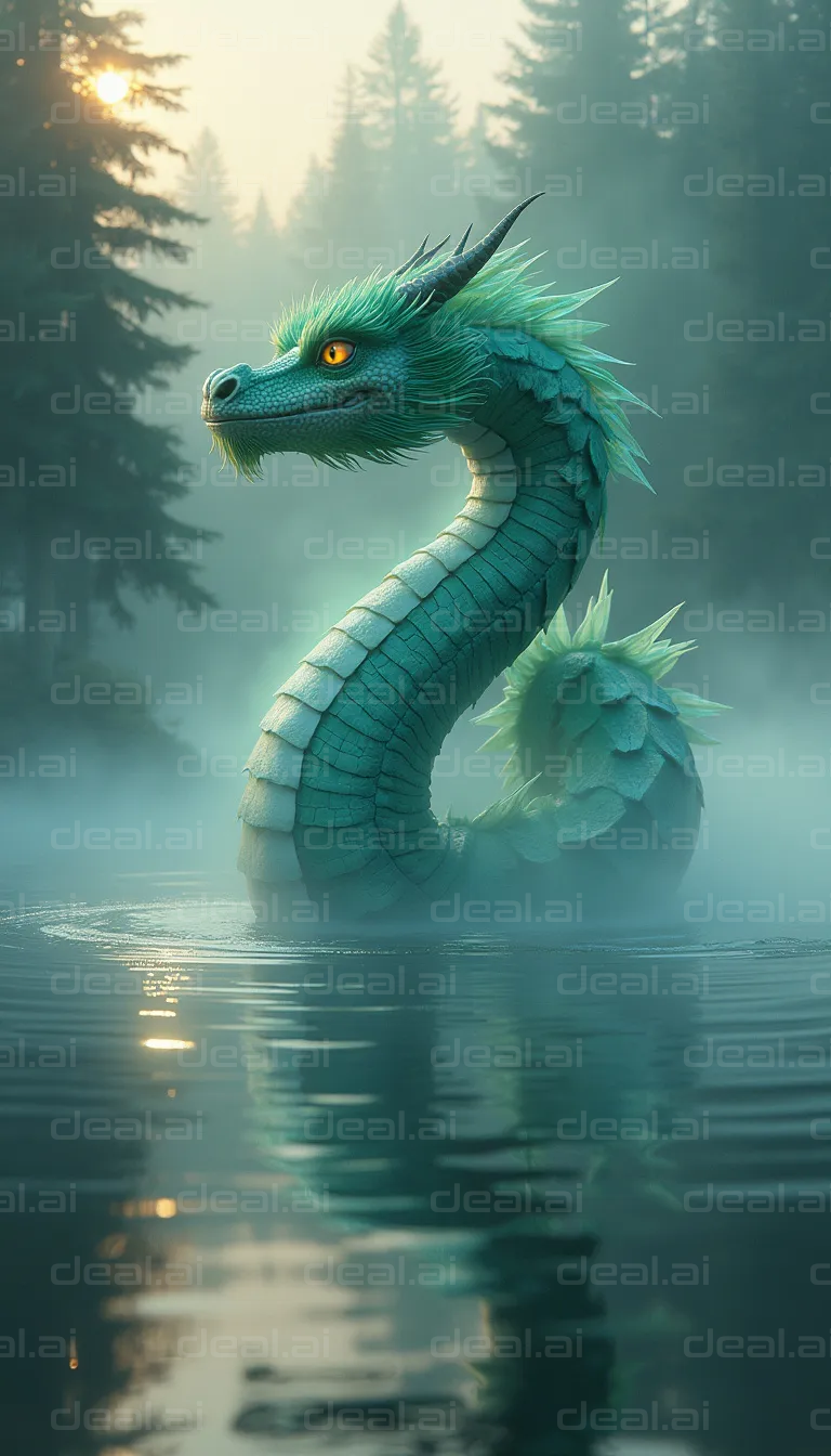 "Mystical Serpent in Misty Forest Lake"