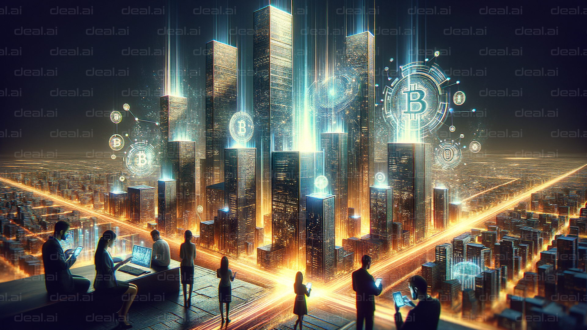 "Futuristic City with Cryptocurrency Icons"