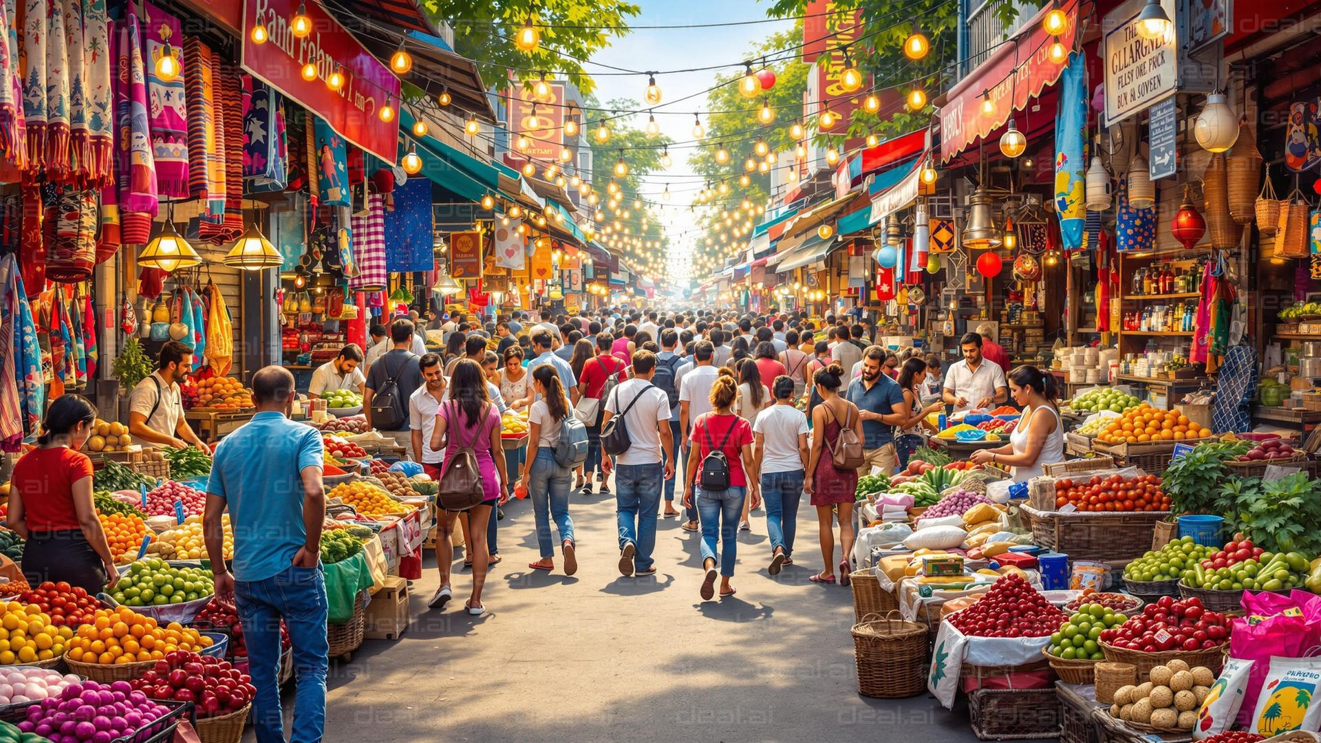 "Vibrant Bazaar Bustling with Shoppers"