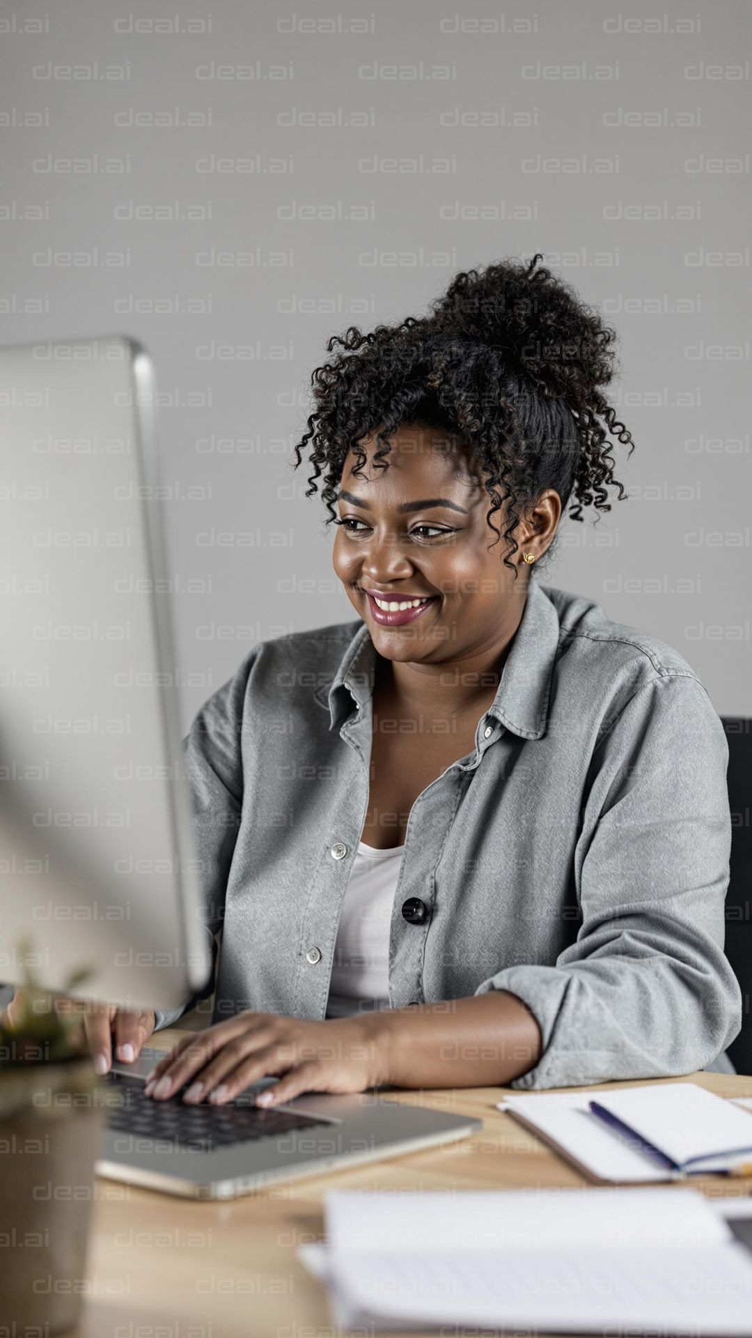 Smiling Woman Working at Desk