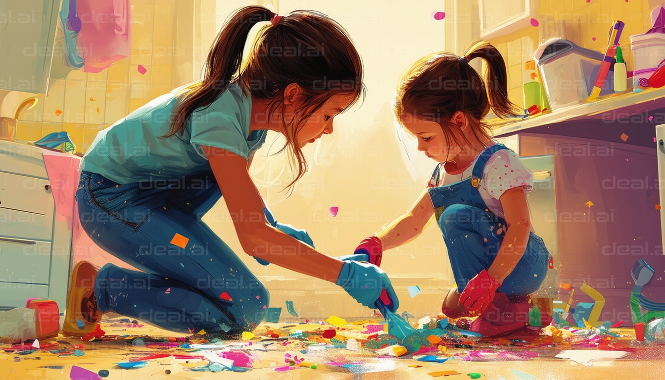 Sisters Cleaning Up a Colorful Mess