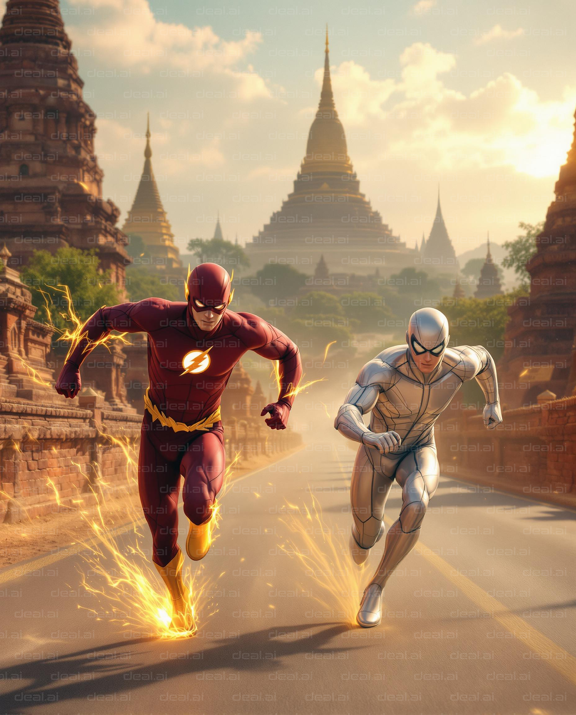 Superheroes Racing Through Temples