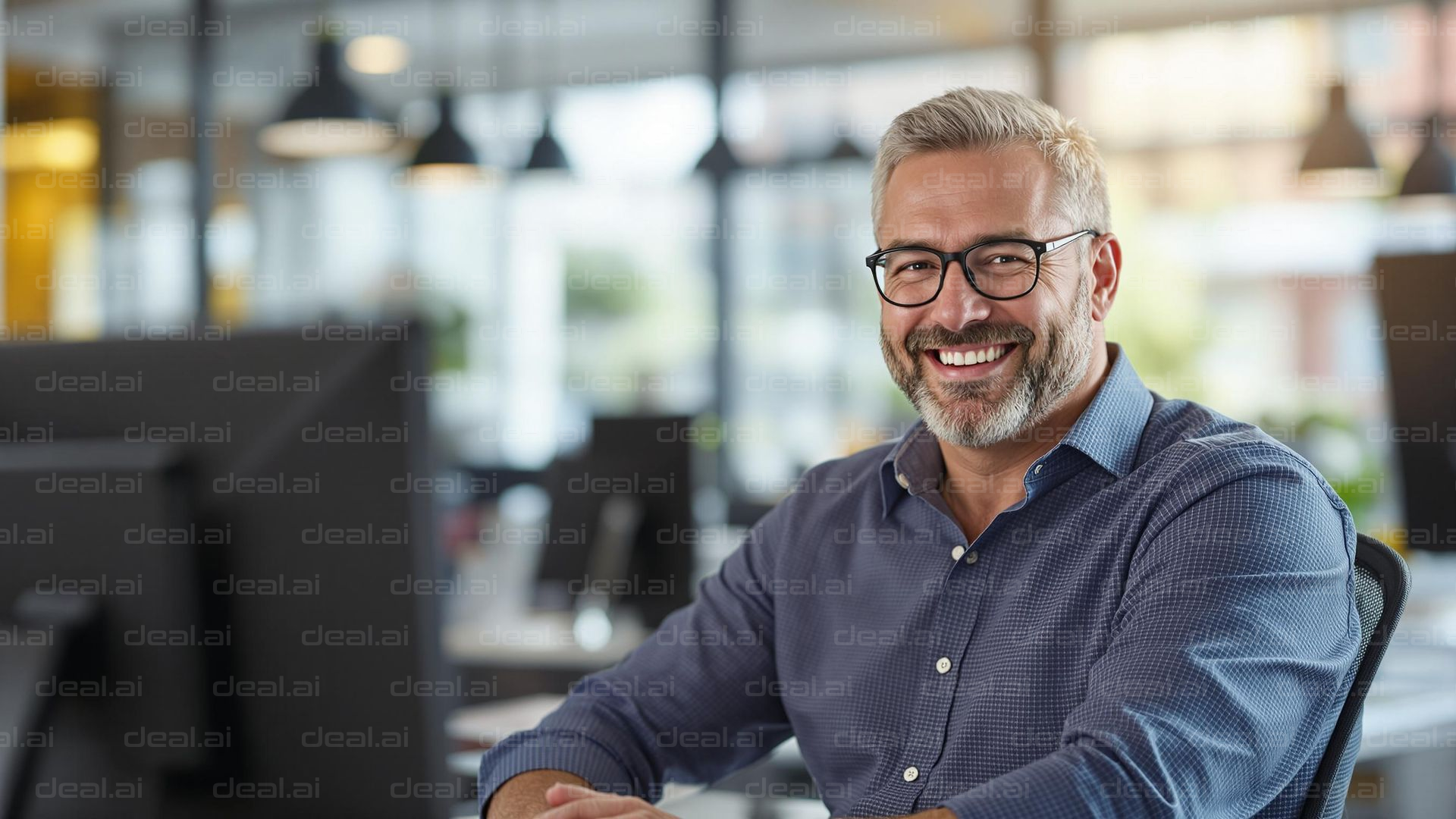 Smiling Professional at Work Desk